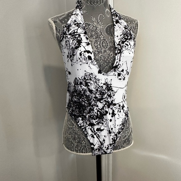 NWOT Black & White Halter Swimsuit (1) Piece. XL abstract Splatter Pattern. - Picture 1 of 7